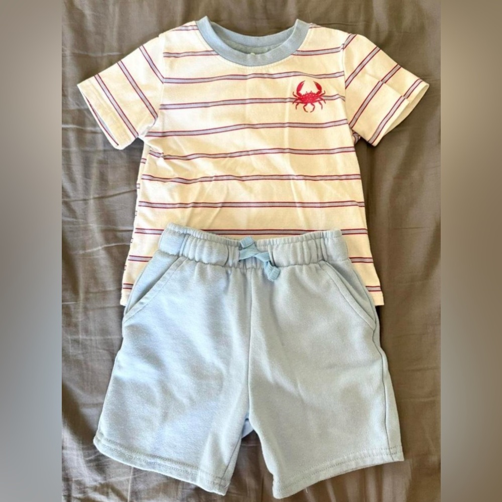 2pc set- Striped Short Sleeve Crab Tee+Light Blue Shorts Size 3T